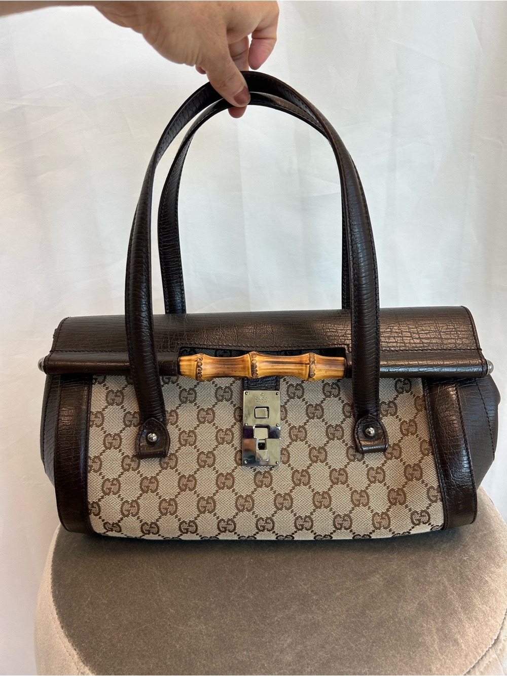 Gucci Authentic GG Canvas Bamboo Bullet tote Handbag top handle satchel RARE